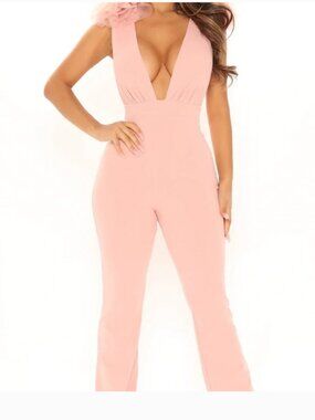 Fashion Nova Blush Pink Faux Fur Shoulder Wide Leg Jumpsuit Sz L